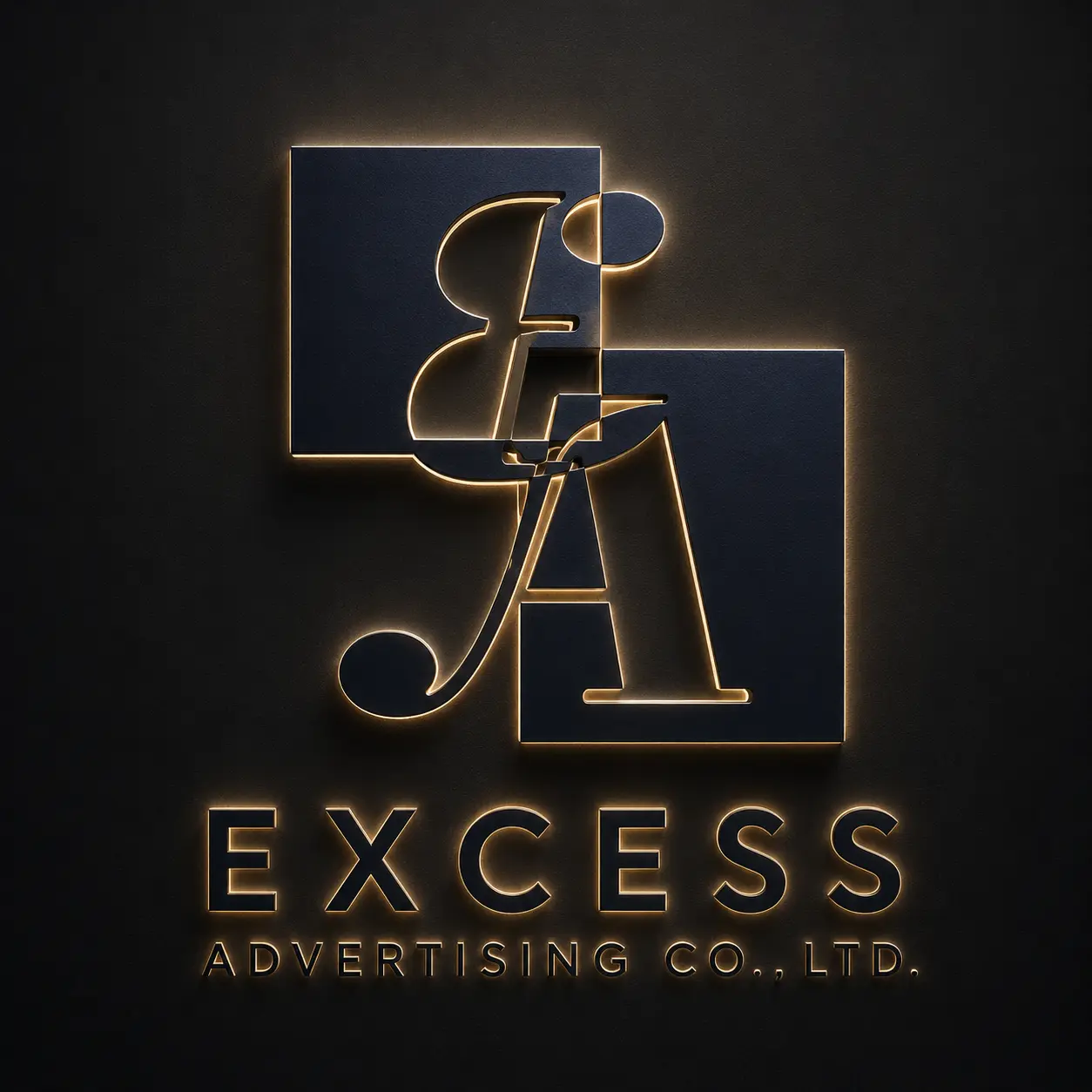 3D render of the Excess monogram fabricated as an illuminated dimensional sign